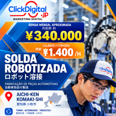 Solda Robotizada – Fabricação de Peças Automotivas | Komaki-shi, Aichi-ken | ¥1.400/h | Nº da vaga : CD-Komaki-0231