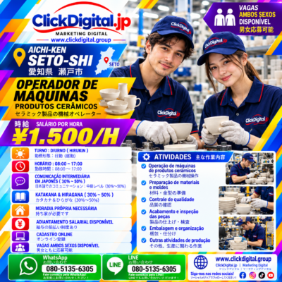 Produtos Cerâmicos | Operador de Máquinas | Processamento e Inspeção | Seto-shi, Aichi-ken | ¥1.500/h | Nº da vaga : CD-Seto-0653