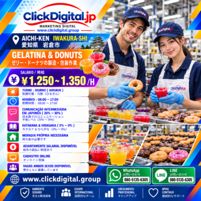 Alimentos | Gelatinas e Donuts | Produção | Inspeção e Embalagem | Iwakura-shi, Aichi-ken | ¥1.250/h | ¥1.350/h | Nº da vaga : CD-Iwakura-0737